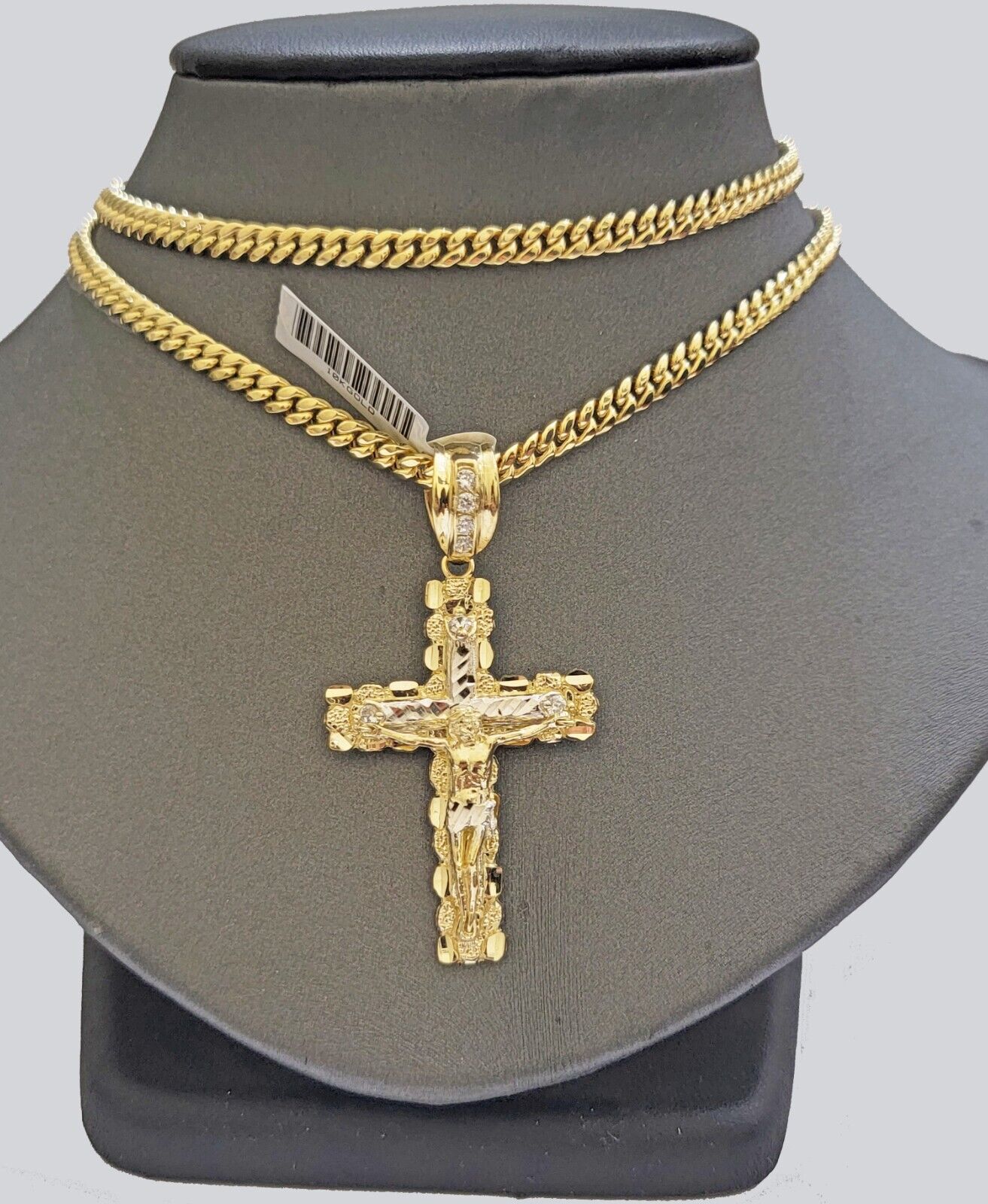 Real 14k Gold Nugget Cross pendant Cuban Link Chain 4.5mm 22" Necklace Charm Set - GoldenlinQ